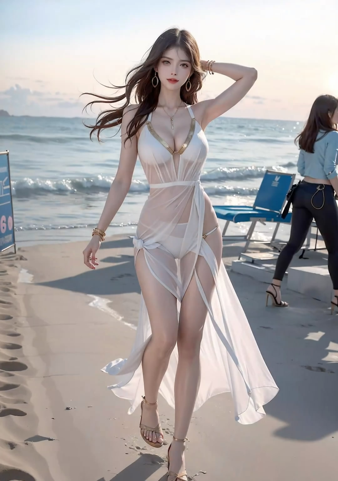 【Ai艺术】海滩上穿着飘逸连衣裙的书女郎